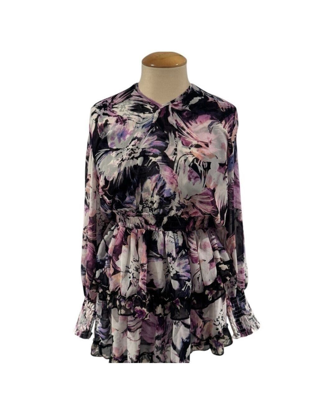 Misa Los Angeles Floral Purple/Black/White Long Sleeve Mini Dress - size xs